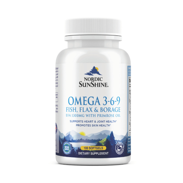 Nordic Sunshine Fish Flax & Borage 3-6-9 with Primrose Oil, Omega Fatty Acids for Brain, Skin, Heart & Joint Health – 100 Softgels