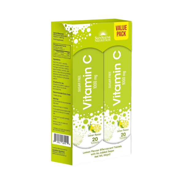 Sunshine Nutrition Vitamin C 1000mg Effervescent Tablets Lemon 20'sx2 Value Pack
