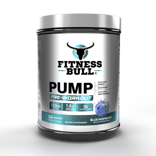 Fitness Bull Pump Pre-Workout – 150mg Caffeine, Zero Sugar, Blue Raspberry, Focus & Energy Support – 225g (30 Servings)