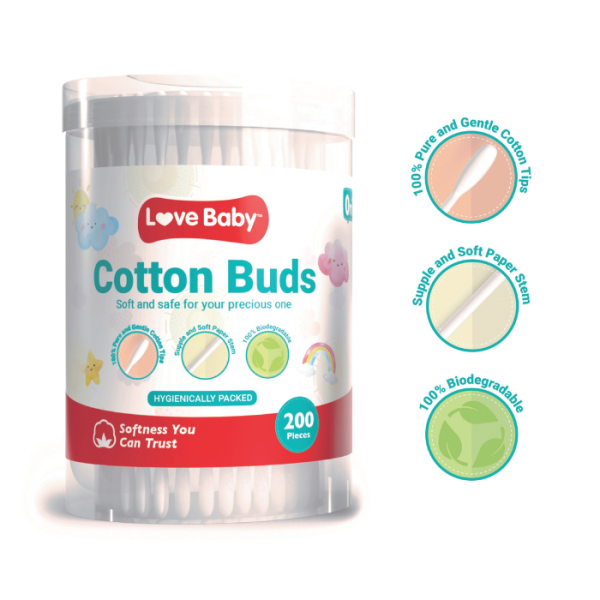 Love Baby Cotton Buds - 100% Pure Cotton Tips & Eco-Friendly Sticks for Babies - 200s